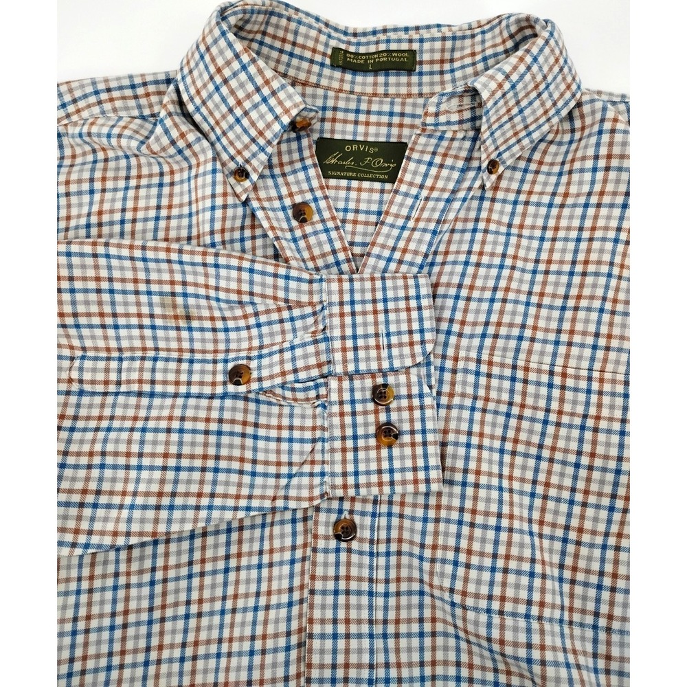 Orvis Triblend Flannel Shirt Large Olive Green Check Classic Fit Wool Tencel - Picture 1 of 8